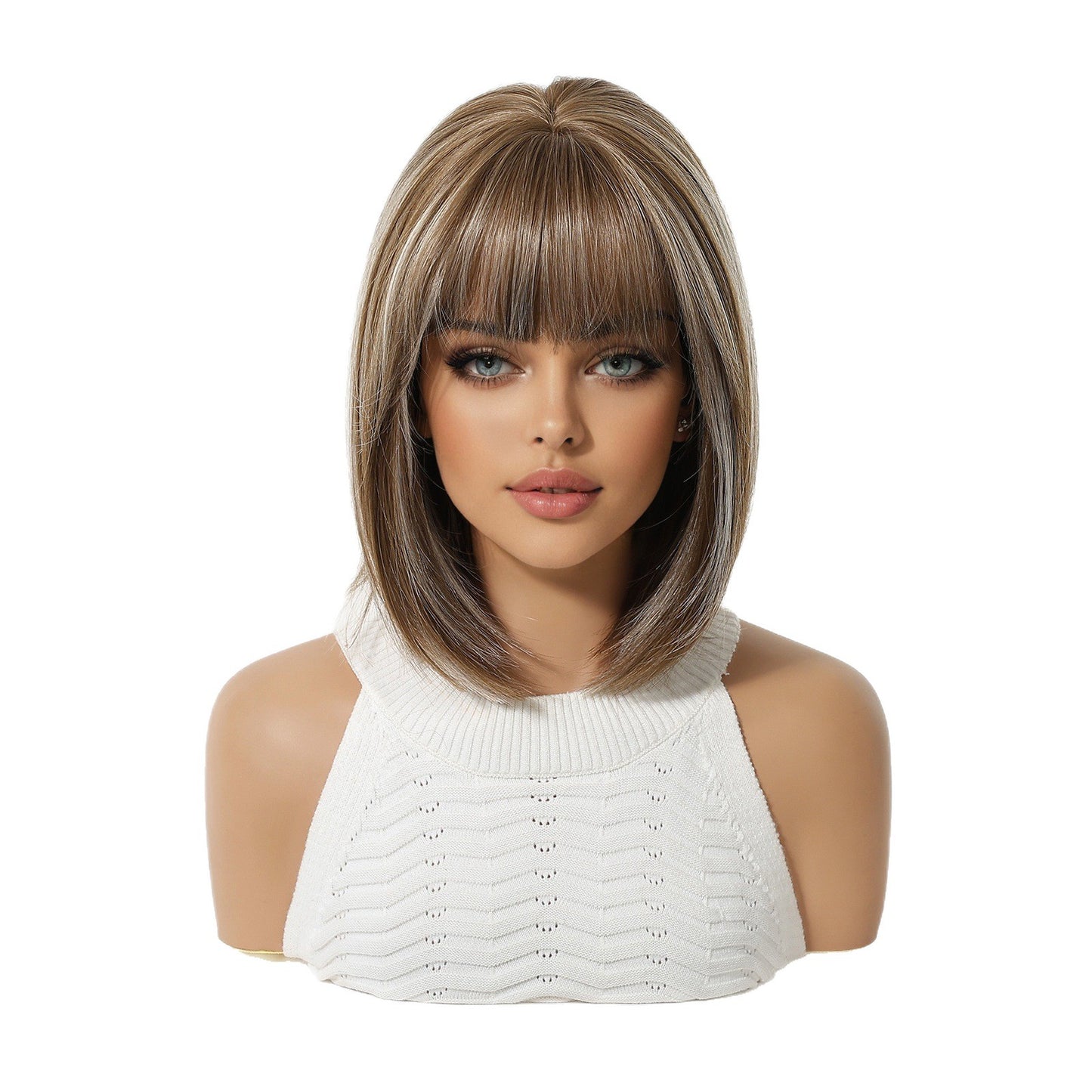Women's Gradient Brown Highlights Artificial Human Fiber Wig Short Straight Hair