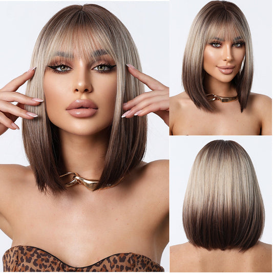 Elegant Female Gradient Gray Brown Shoulder Wig Short Curly Hair
