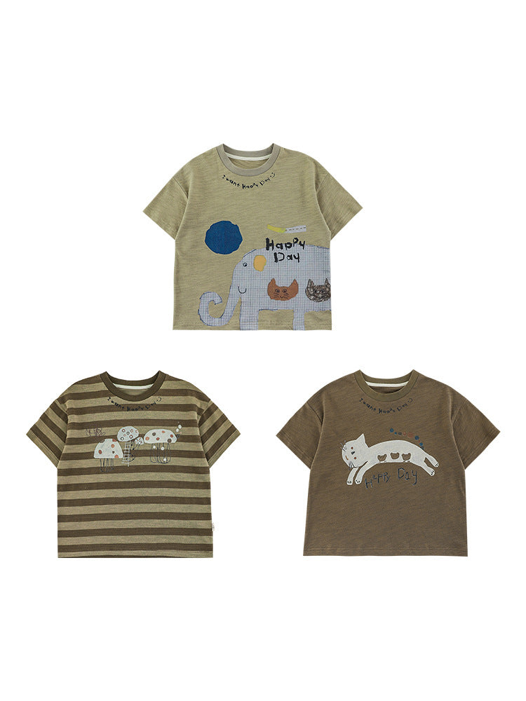 Children's Boy's Animal Print Short-sleeved Loose Casual Striped Children's T-shirt