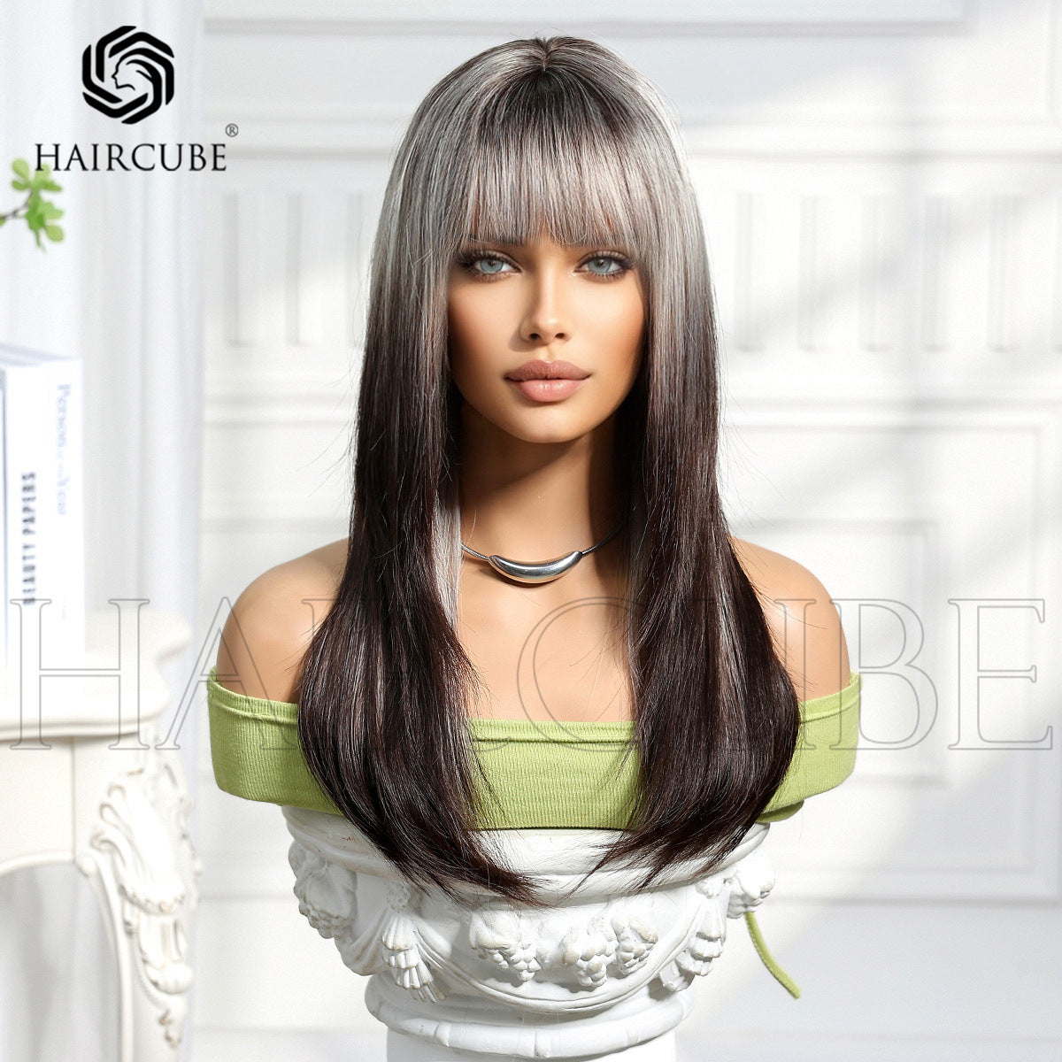 Head Cover Highlight Wind Gradient Bangs Hair Mechanism Chemical Long Straight Wig