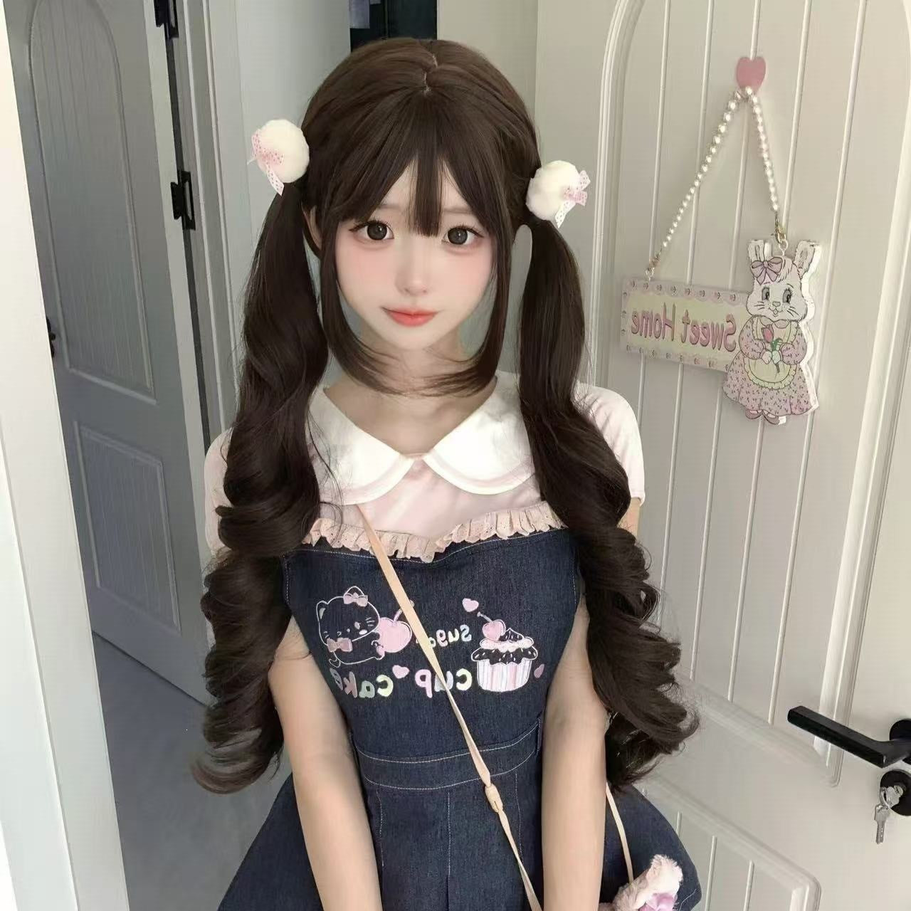 Female Double Ponytail Hair Curly Honey Brown Roman Head Wig Long Curls