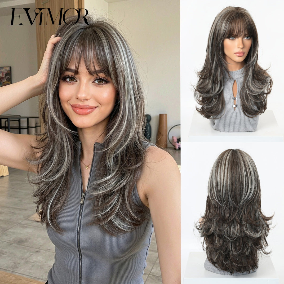 Gradient Gray Gold Curly Air Bangs Wig Long Curls