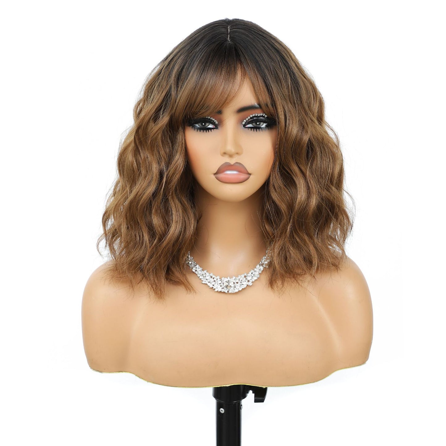 Women's Inch Wine Red Wave Head With Bangs Wig Short Curly Hair
