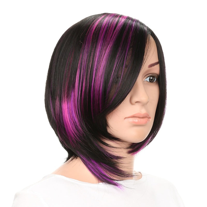 Women's Black Purple Dyed Chemical Fiber Wave Wig Short Curly Hair
