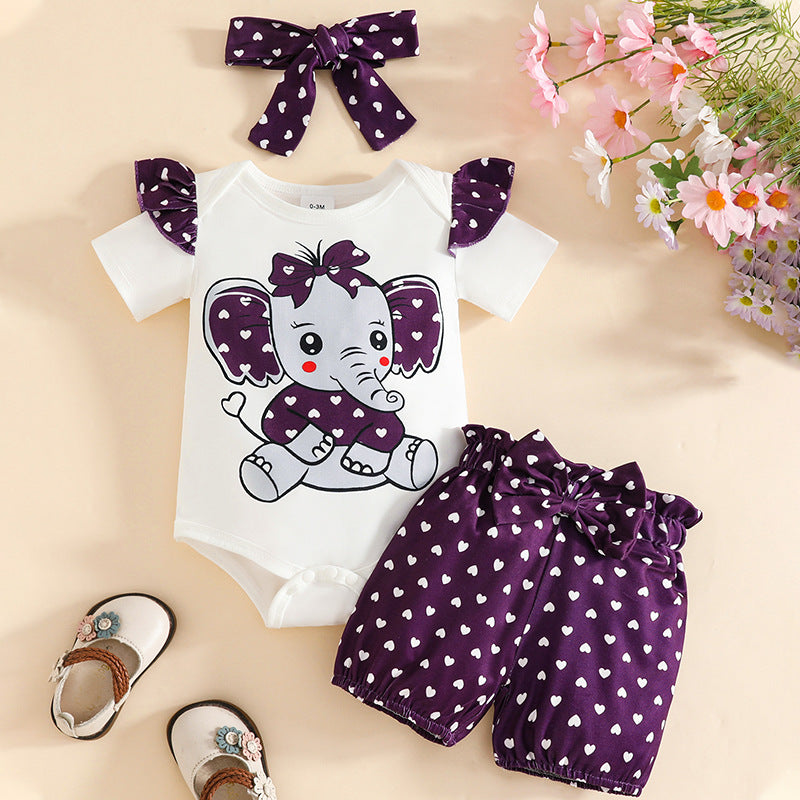 Children's Cute Cartoon Elephant Printed Short-sleeved Shorts Romper Headscarf Children's Suit