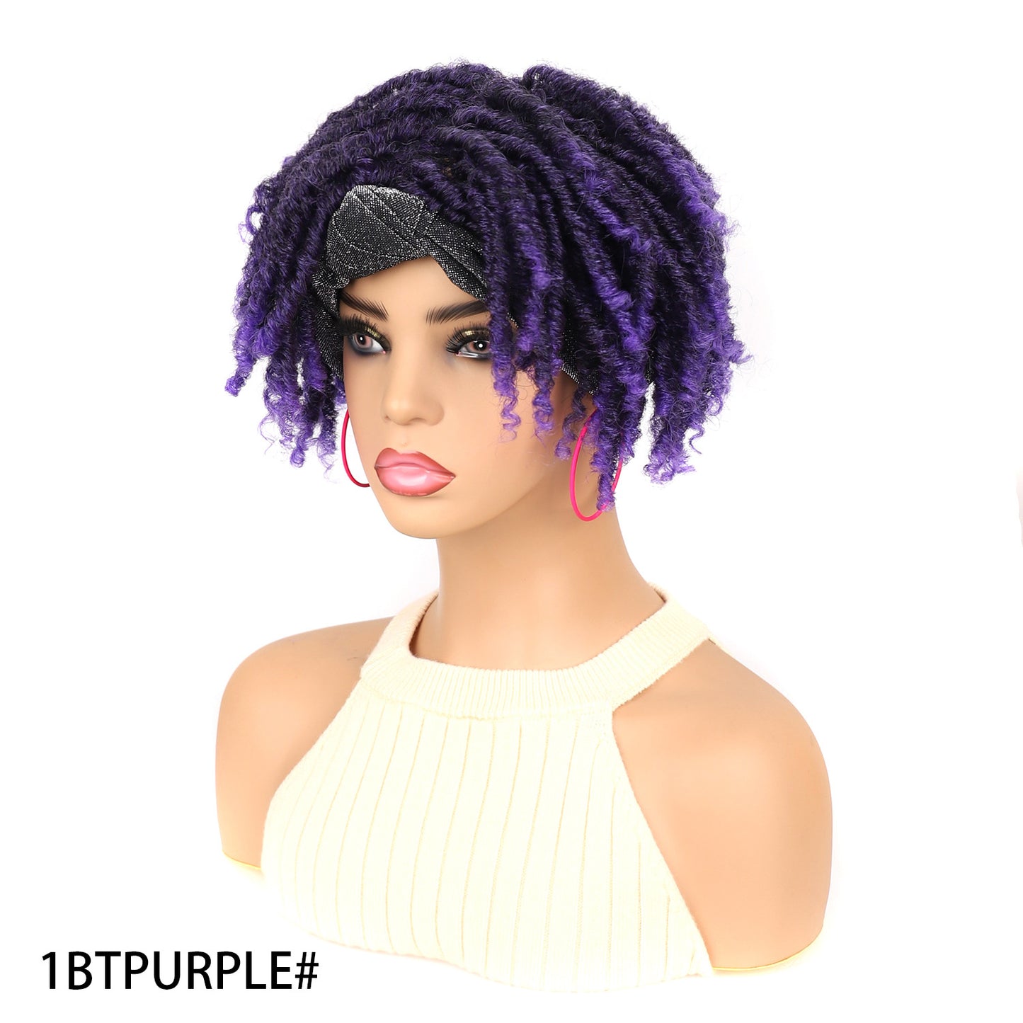 Turban Head Cover Black Sier Sleeve Curved Wig Short Curly Hair