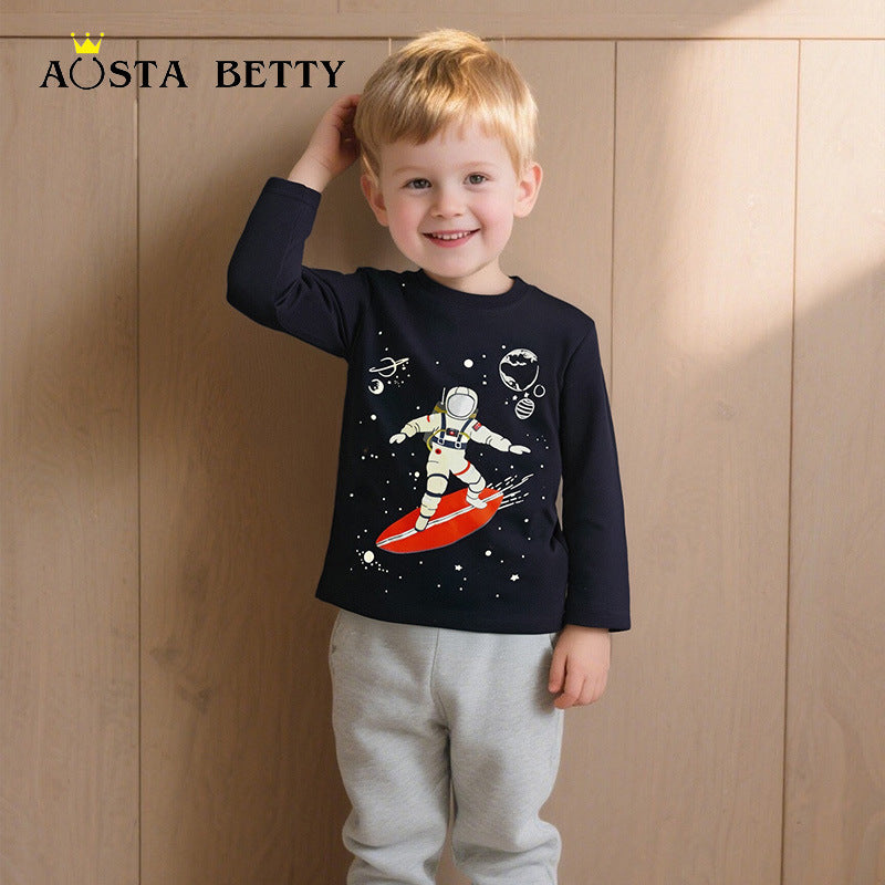 Cotton Long Sleeve Autumn Trendy Astronaut Star Print Boy Luminous Children's T-shirt