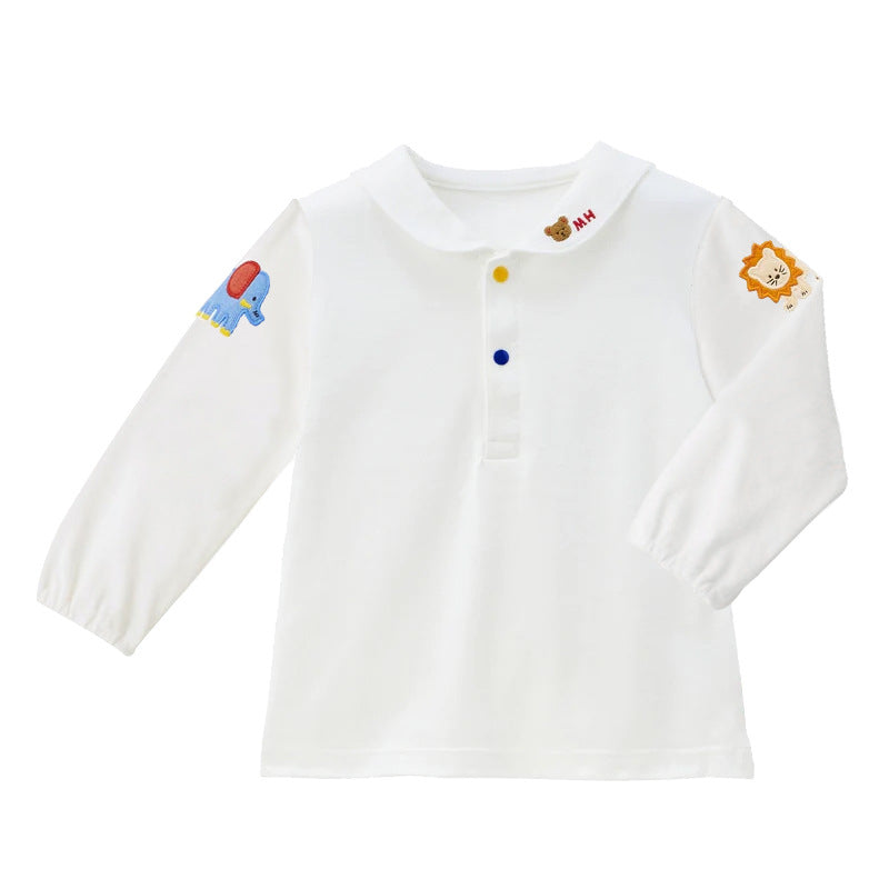 Cartoon Bear Color Letter Embroidery Sailor Collar Short Sleeve Long Children's Shirt