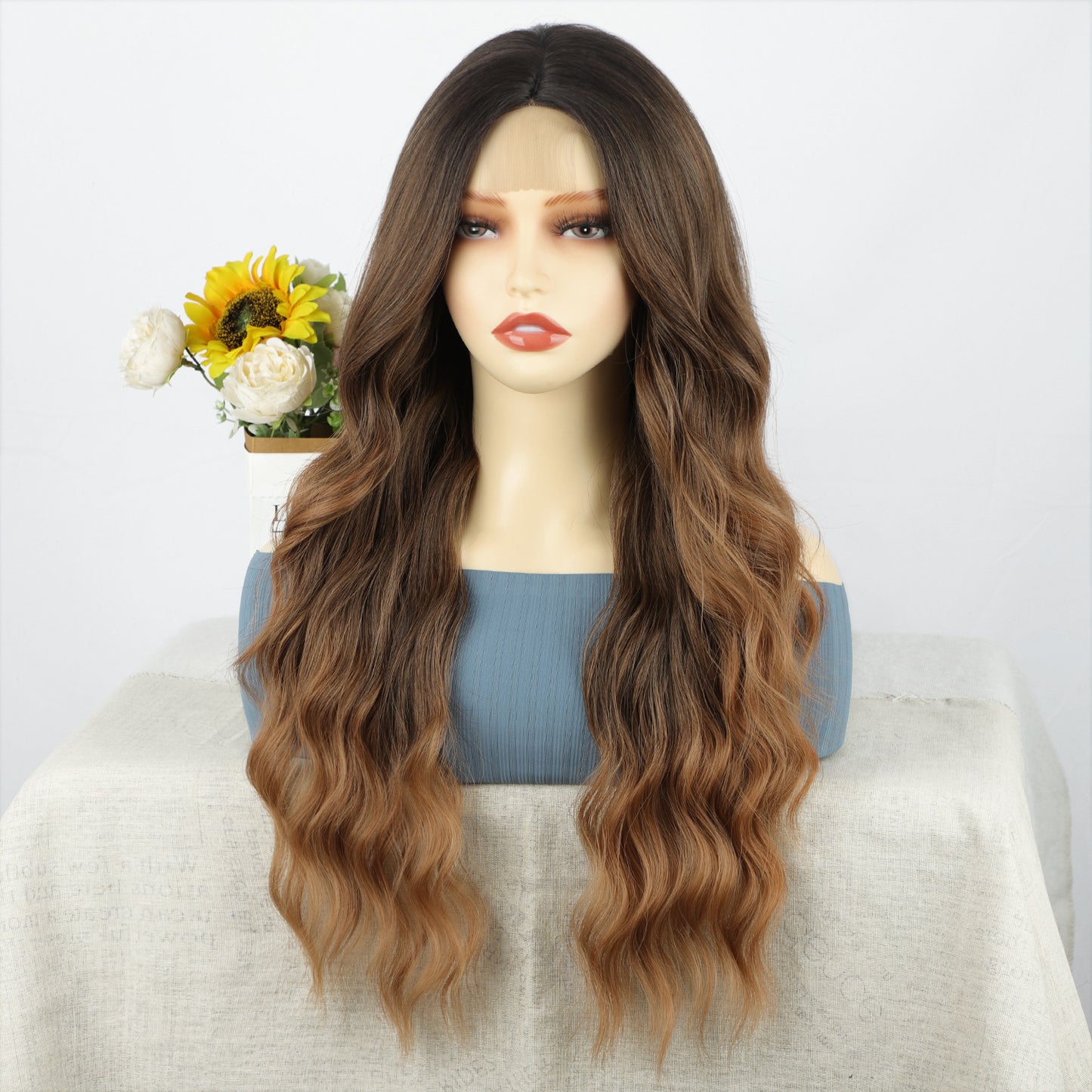 Women's Lace Small Middle Points Highlight Curly Hair Synthetic Wig Long Curls