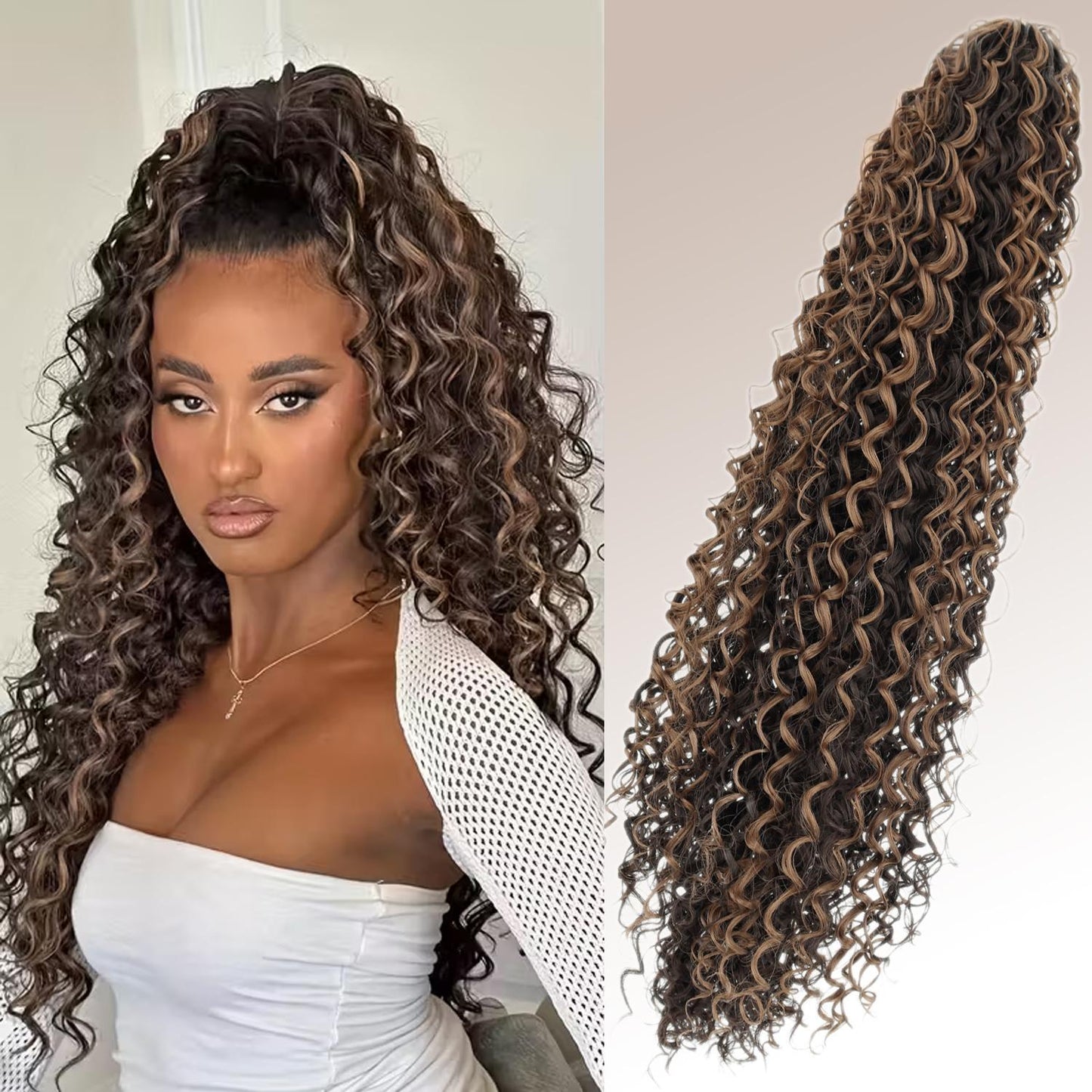Women's Long African Curly Hair Grip Black Wig Ponytail
