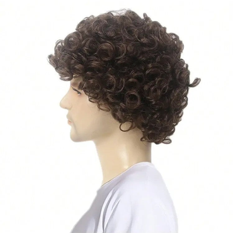Men's Handsome Fluffy Brown Short Curly Synthetic Men's Wig