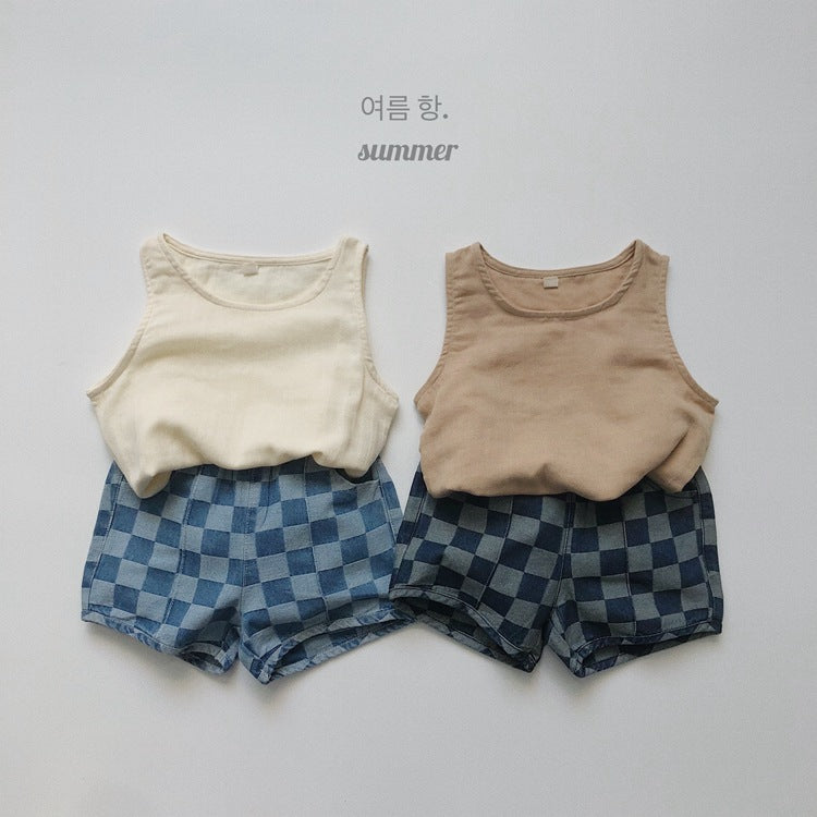 Children's Fashionable Summer Korean Style Plaid Denim Shorts Children's Pants