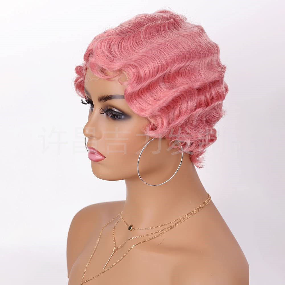 Head Cover Vintage Water Ripple Synthetic Wig Short Curly Hair