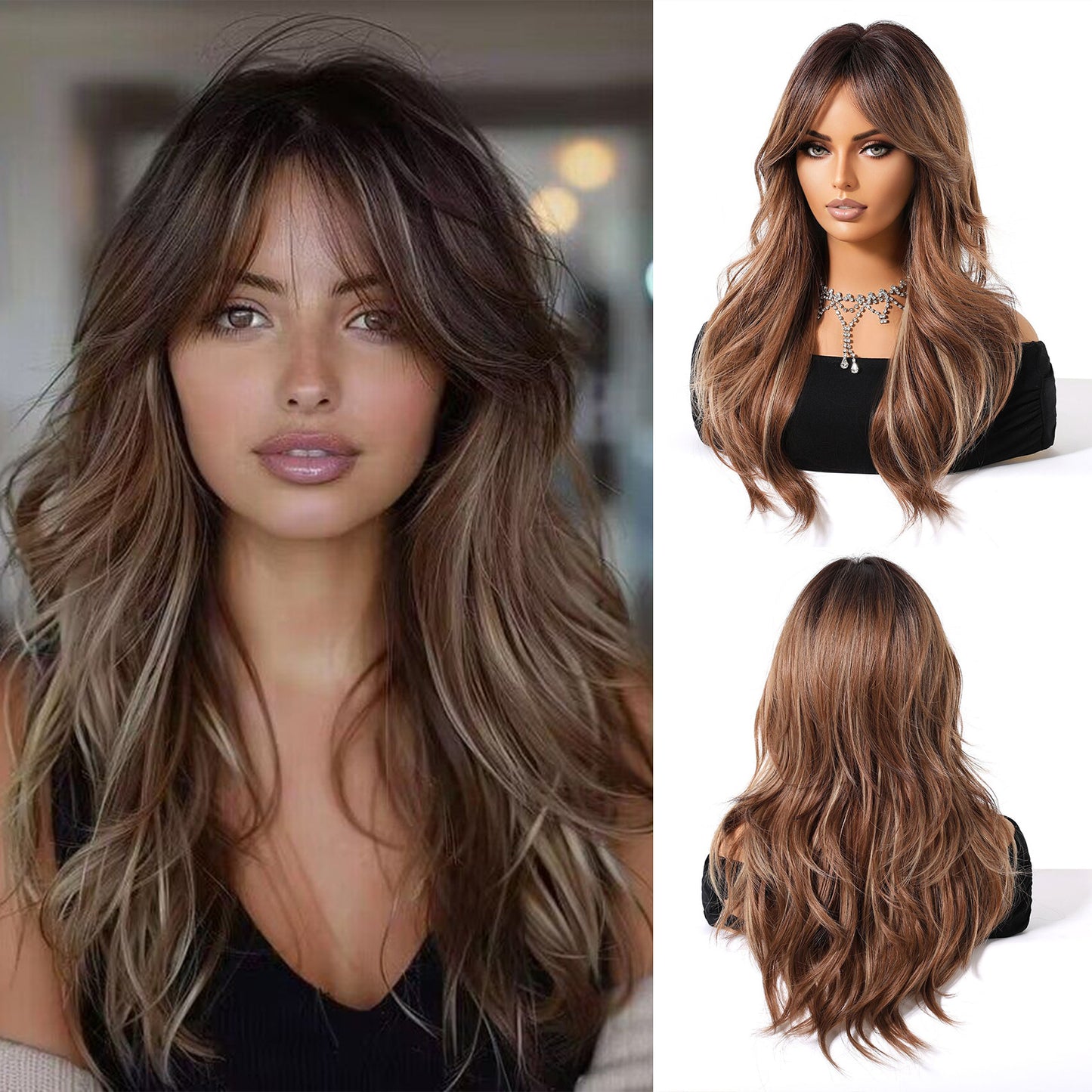 Female Brown Bangs Gradual Texture Mid-length Hair Long Straight Wig