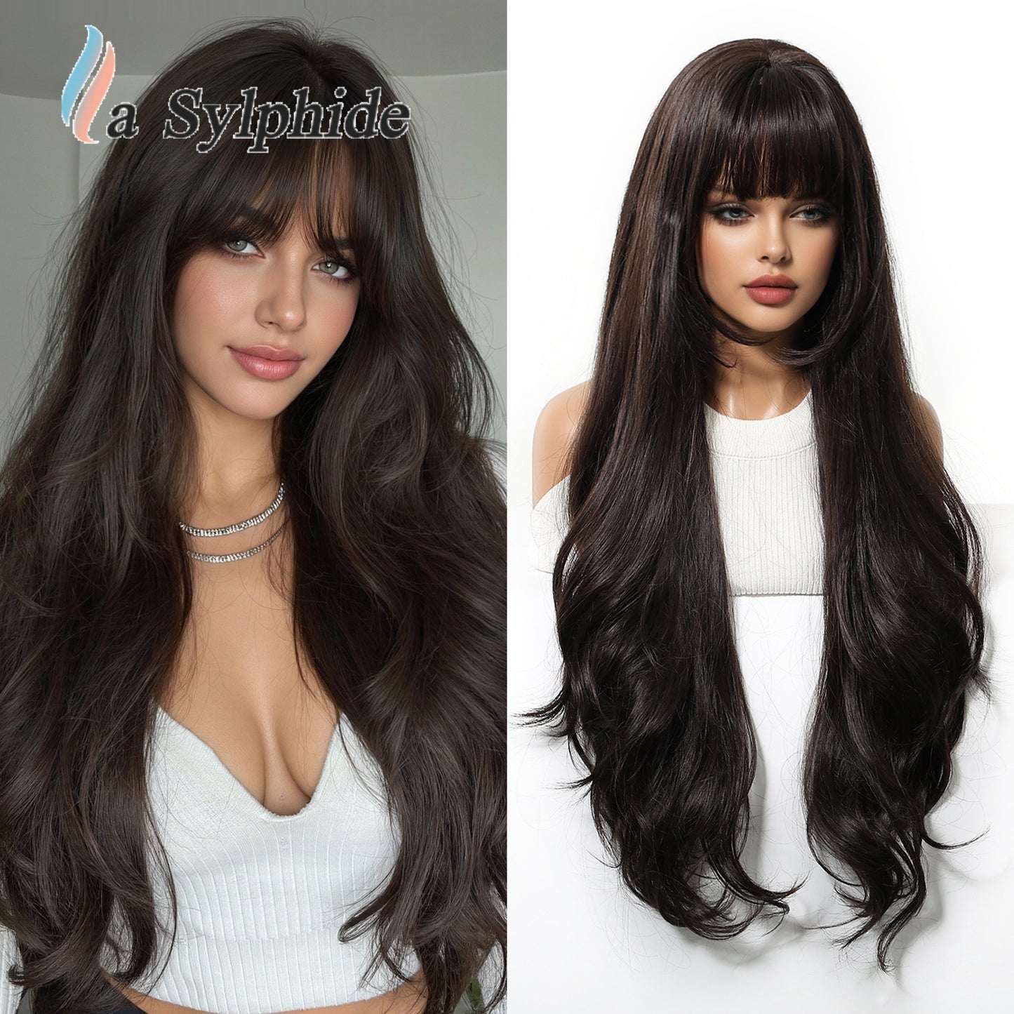 Female Bangs Super Curly Brown Fiber Mechanism Head Cover Wig Long Curls