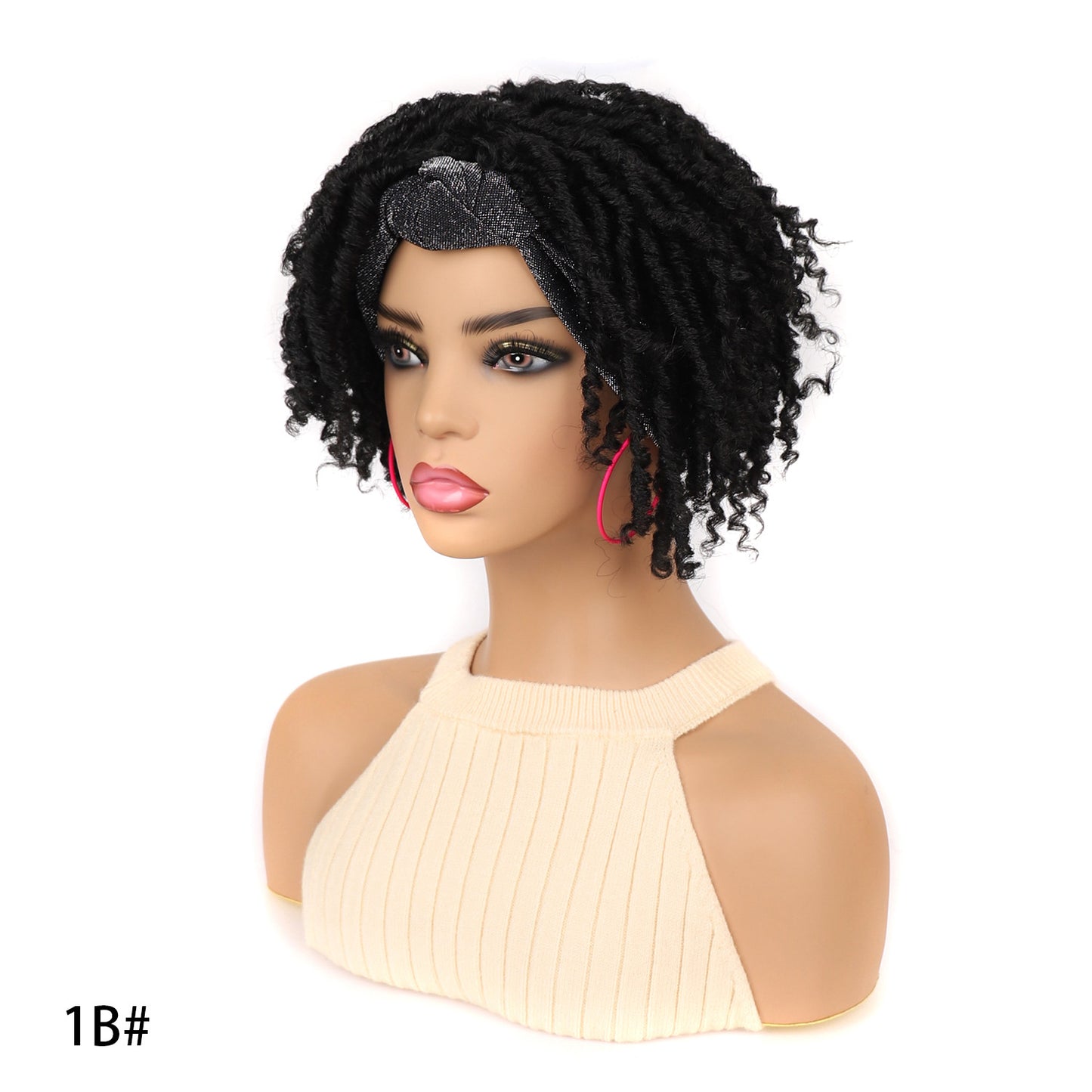Turban Head Cover Black Sier Sleeve Curved Wig Short Curly Hair