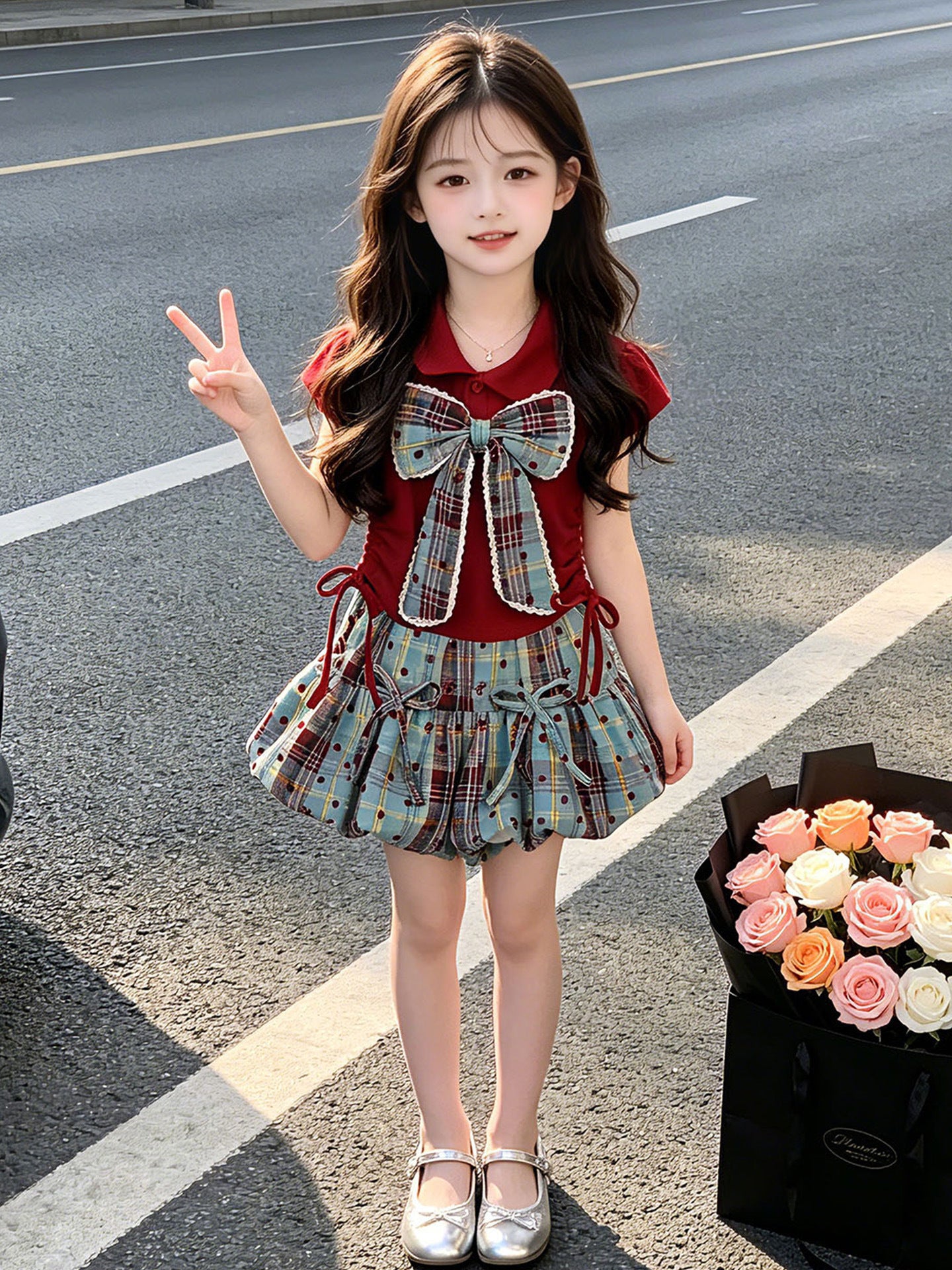 Children's Summer Bow Short-sleeved Skirt Clothing Thin Children's Suit