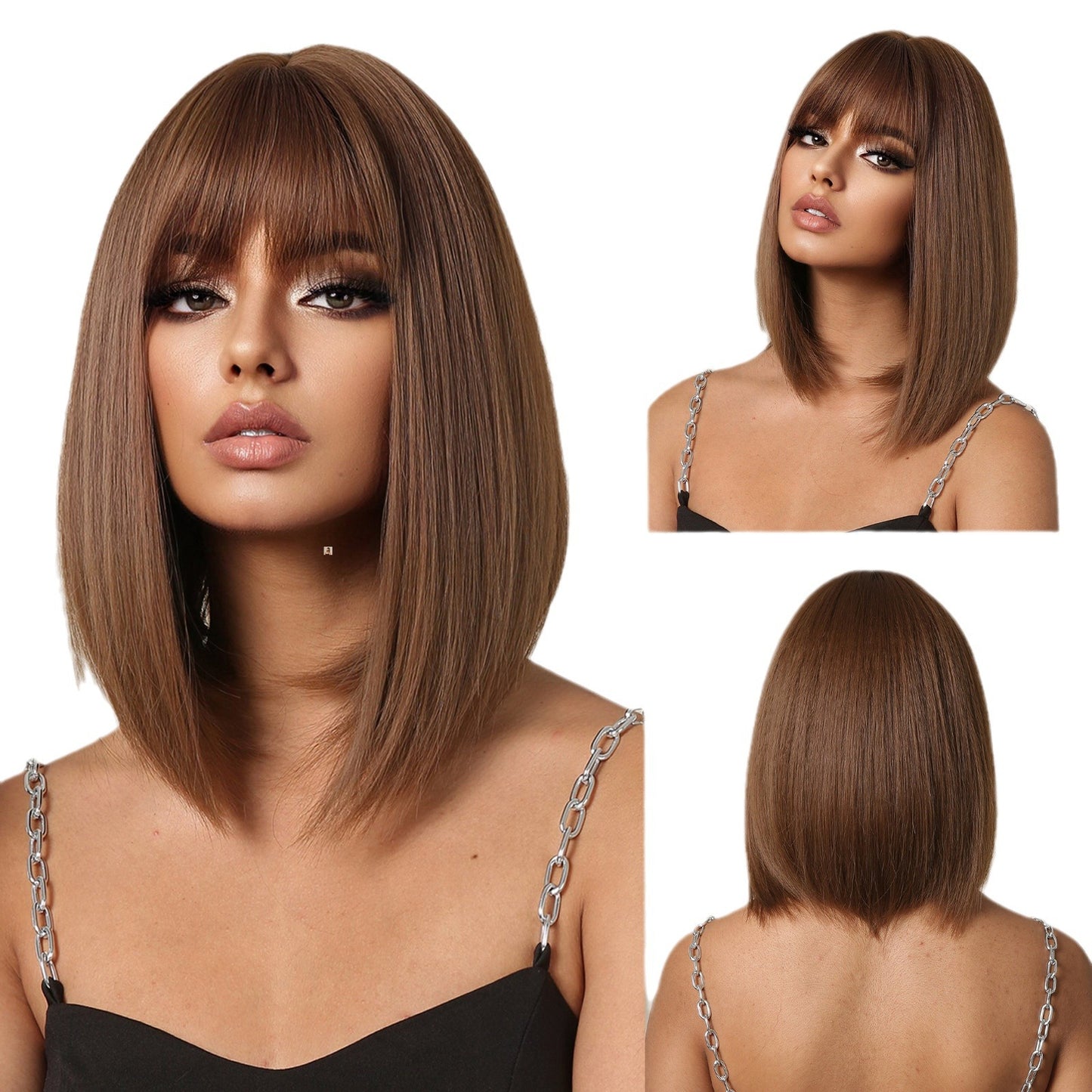Summer Natural Breathable Bangs Golden Full Wig Short Straight Hair