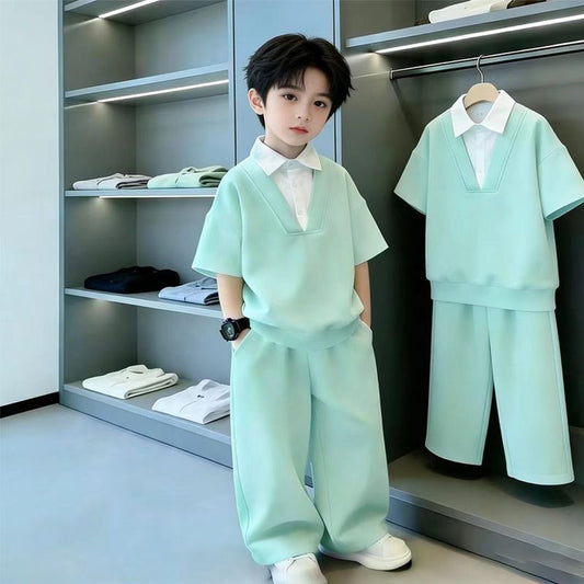 Children's Boy's Summer Pu Short-sleeved Clothes Korean Style Western Leisure Children's Suit