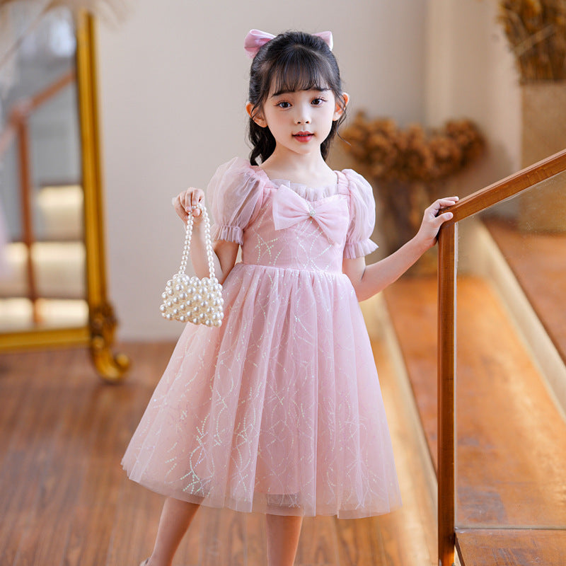 Children's Summer Puff Short Sleeve Bow Princess White Sequin Embroidery Day Children's Dress