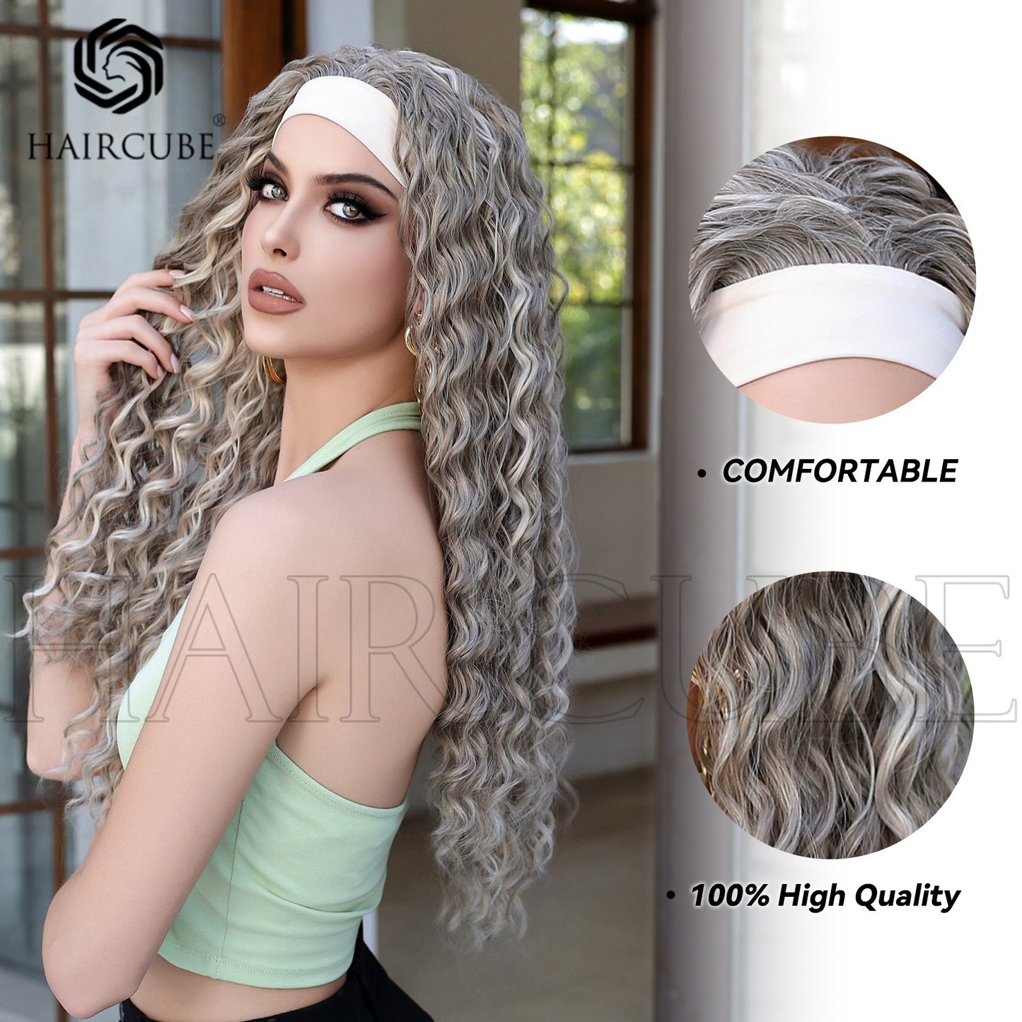 Women's Band Head Cover Small Curly Dark Brown Asian Wig Long Curls
