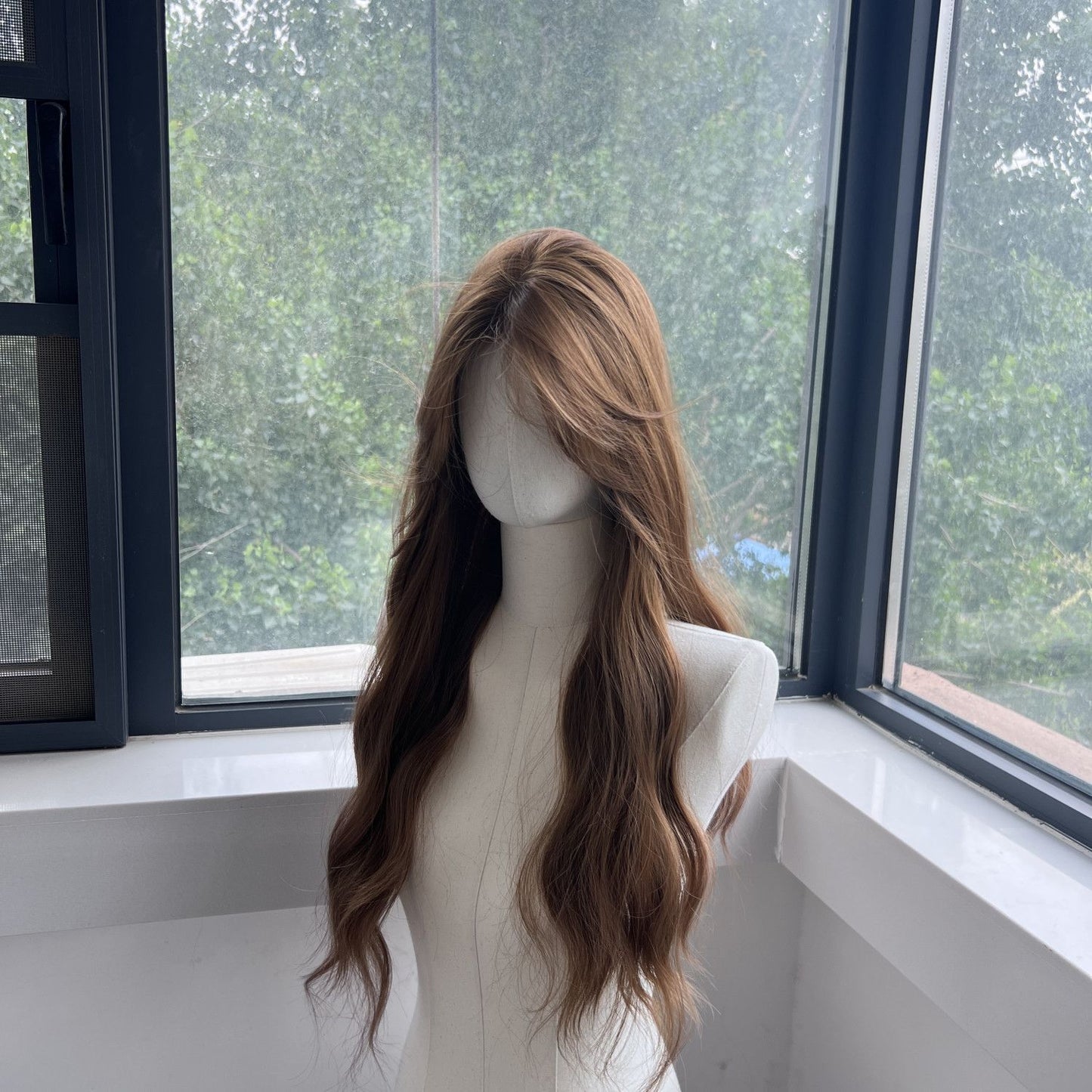 Women's Lace Linen Golden Brown Water Ripple Breathable Lightweight Realistic Wig Long Curls