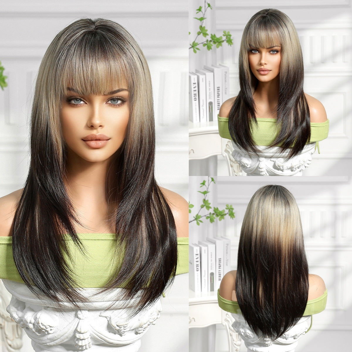 Head Cover Highlight Wind Gradient Bangs Hair Mechanism Chemical Long Straight Wig