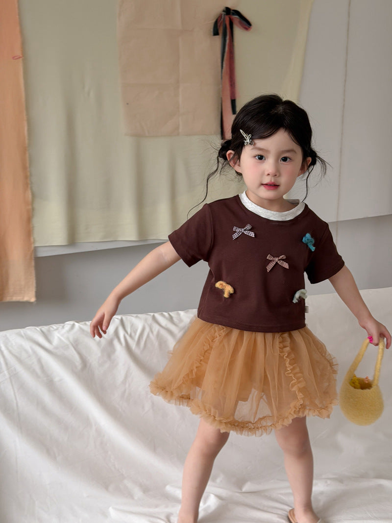 Children's Clothing Korean Style Color Bow Sweet Short Sleeve Children's T-shirt