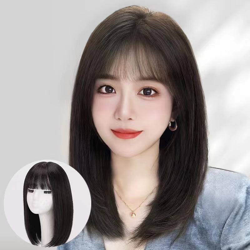 Women's Hair Air Bangs Wave Head Collarbone Full Long Straight Wig