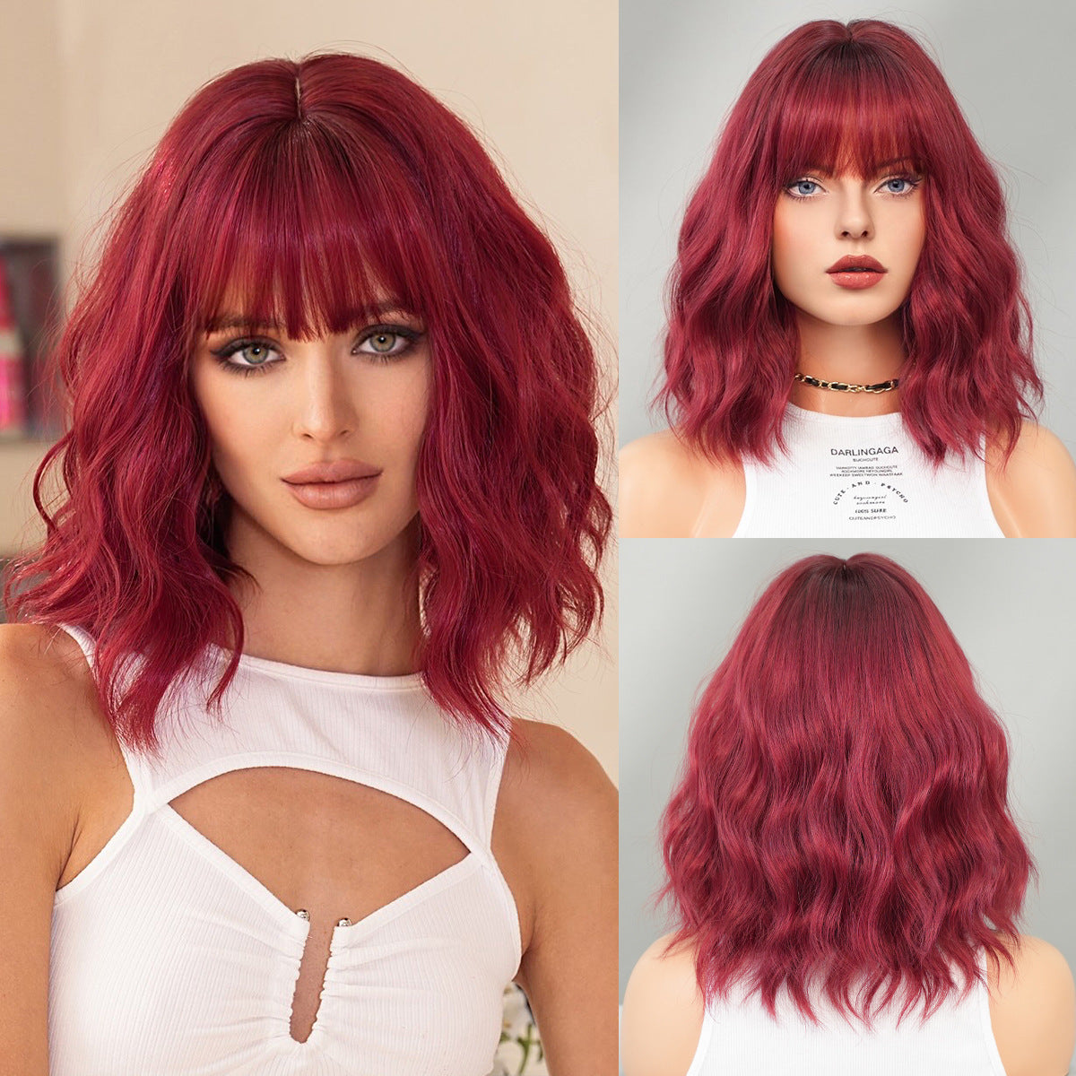 Red Inch Female Straight Bangs Water Ripple Head Chemical Wig Short Curly Hair