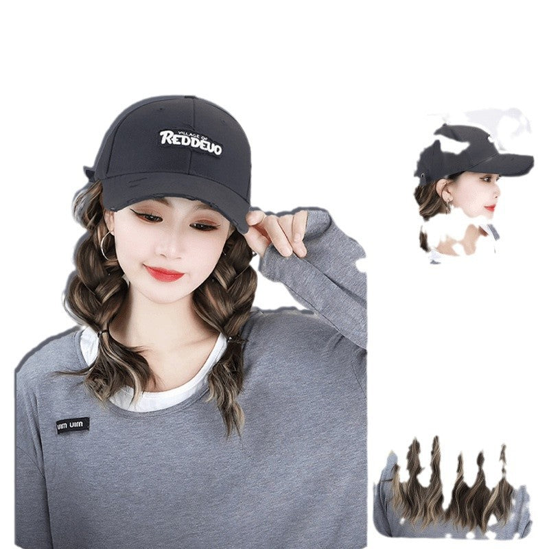 Embroidered Baseball Hat One-piece Detachable Trendy Retro Small Hooded Collarbone Wig Long Curls