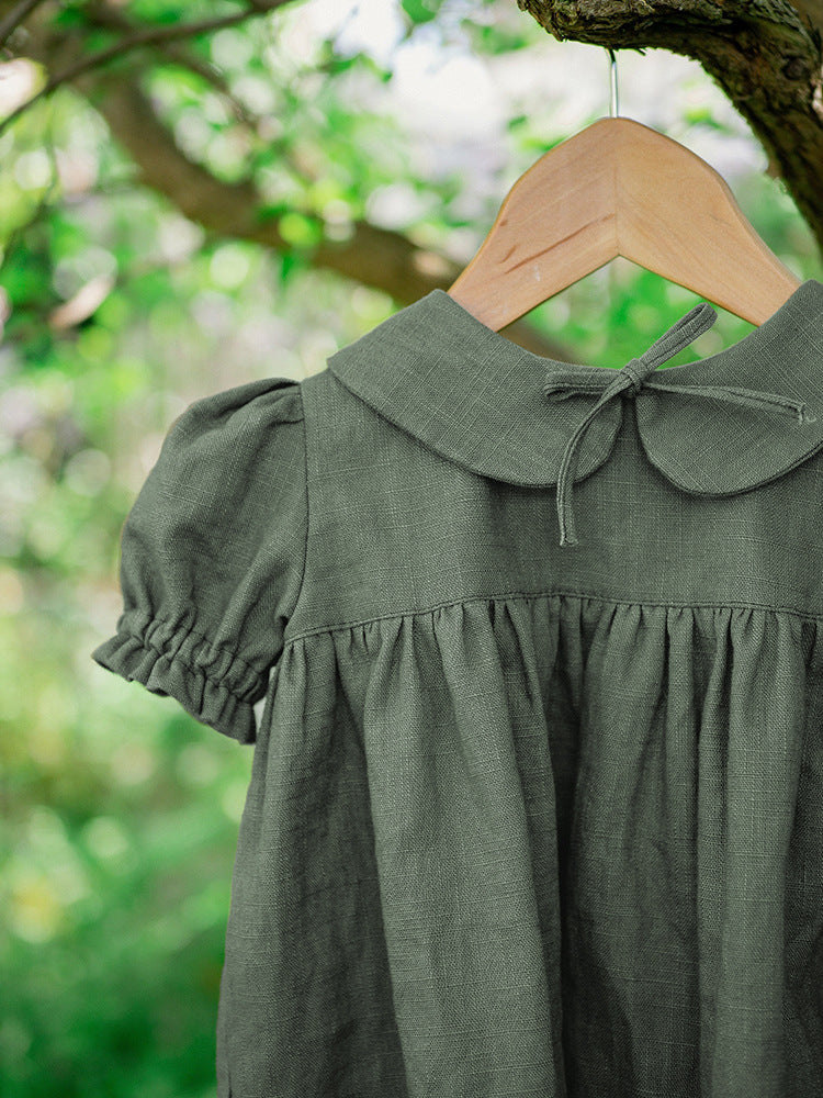 Women's & Children's Linen Doll Collar Comfortable Breathable Back Single-breasted Short Children's Dress