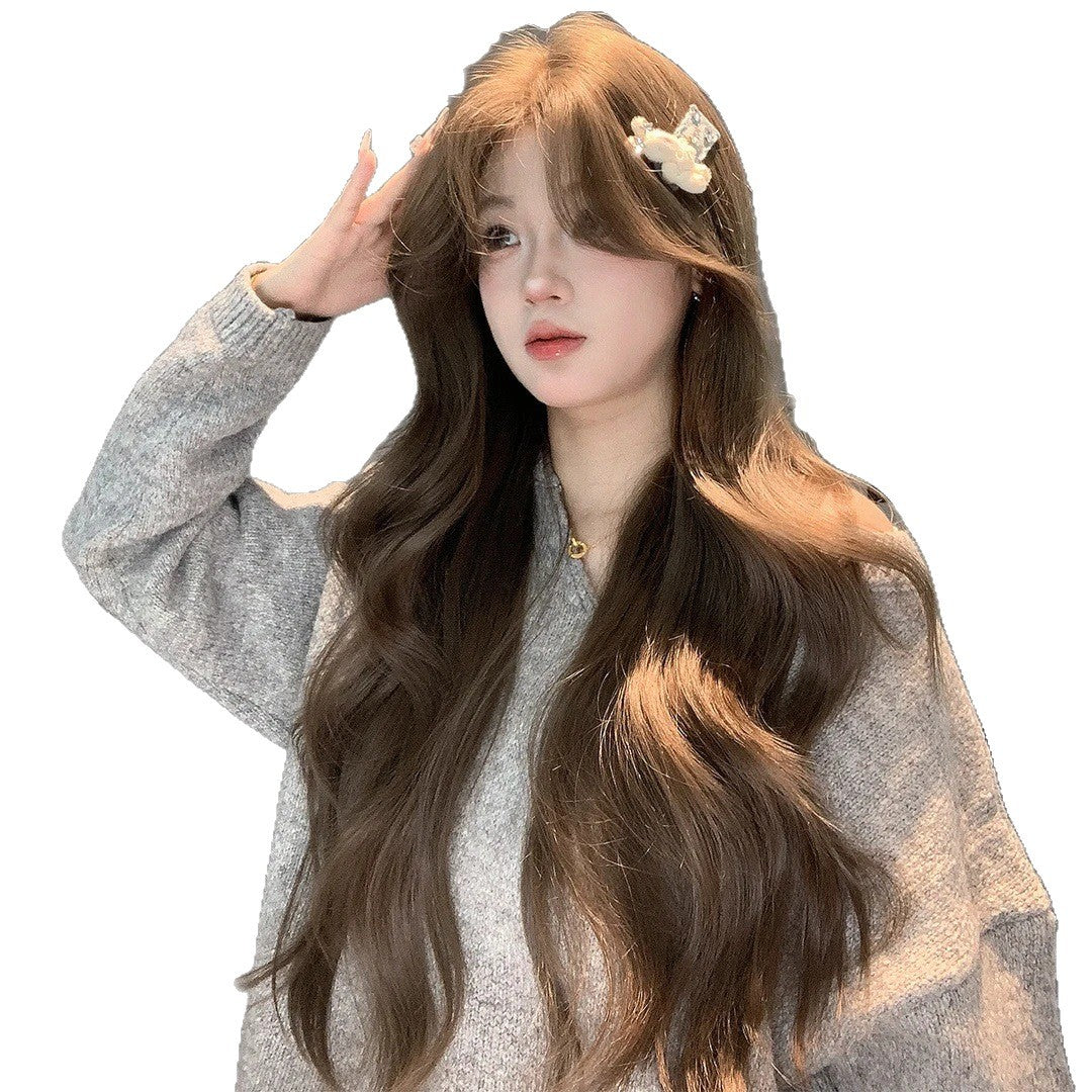 Women's Cold Heart Big Wave Temperament Milk Tea Gray Brown Daily Long Straight Wig