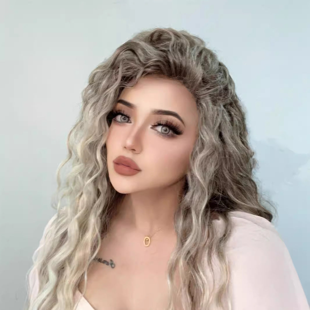 African Small Curly Hair Synthetic Wigs Gray Gold Partial Head Wig Long Curls