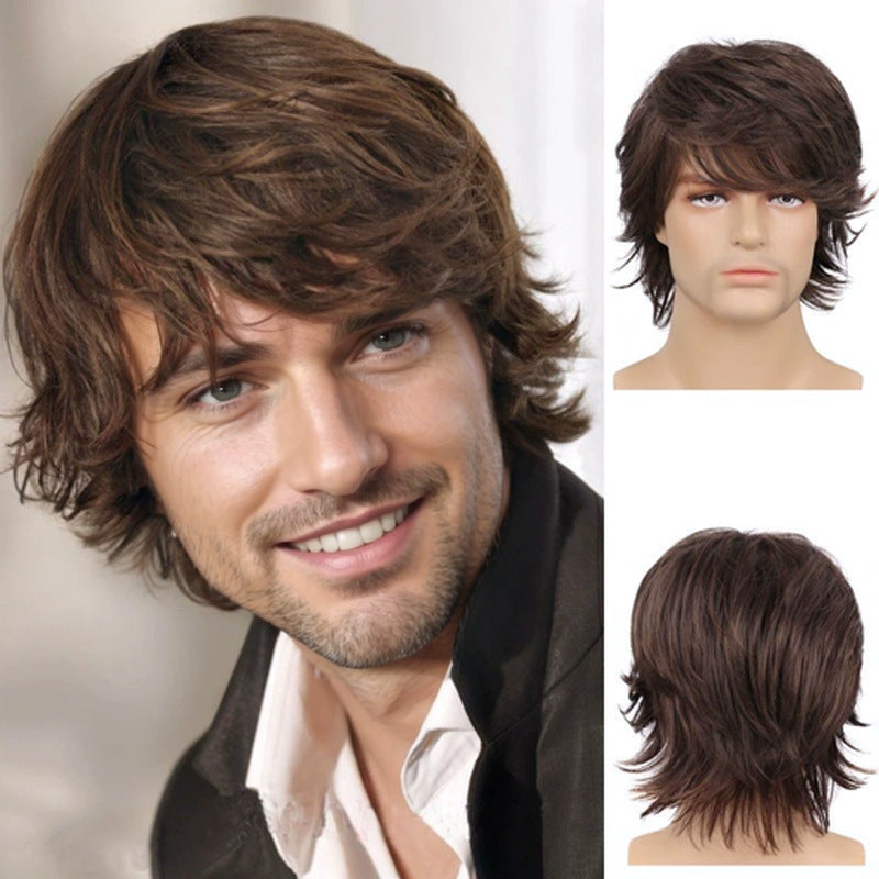 Men's Short Hair Outside Curly Brown Partial Men's Wig