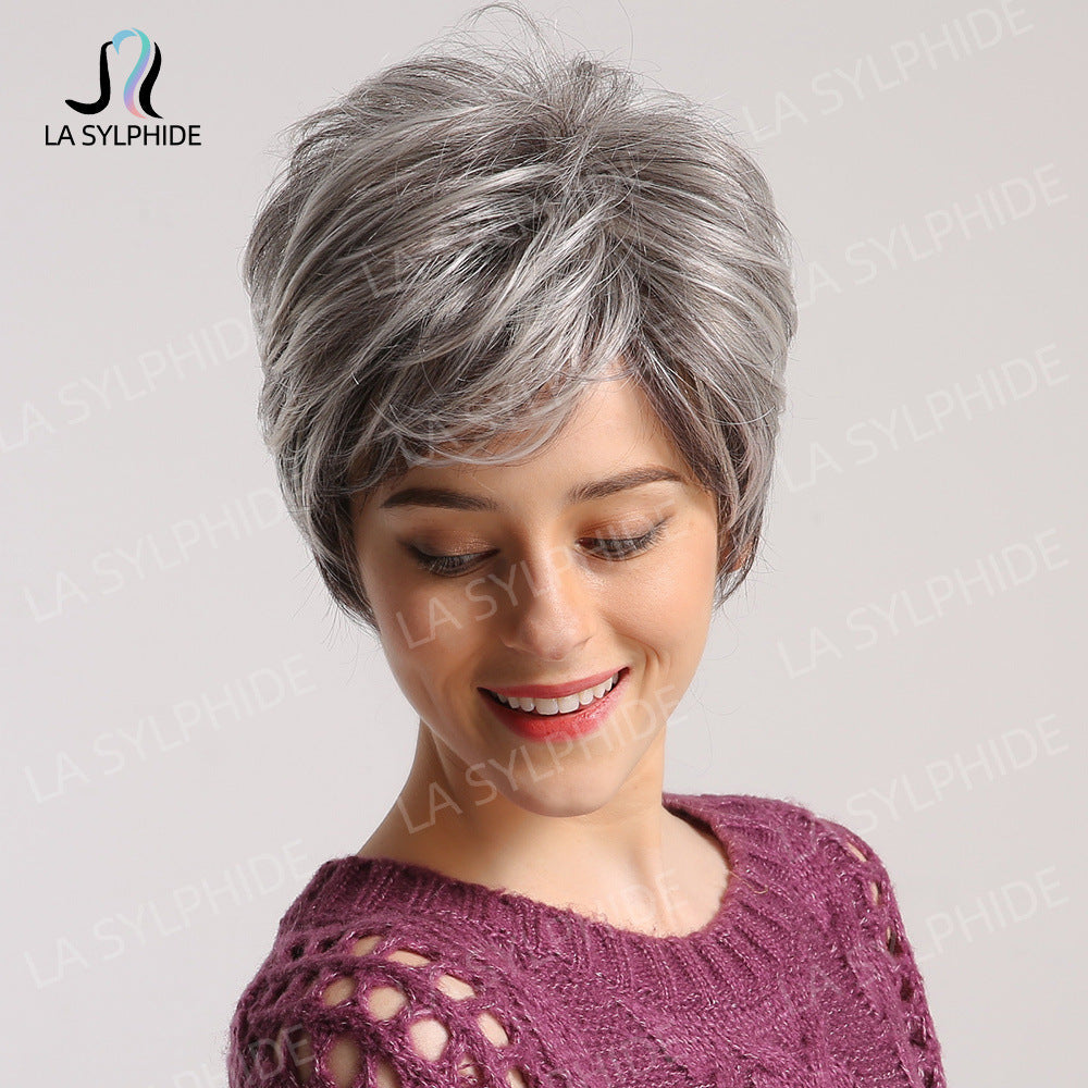 Chemical Fiber Texture Gray White Rose Net Man Wig Short Straight Hair