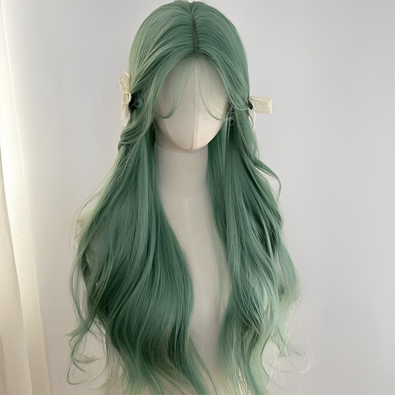 Cover Female Mint Green Chemical Fiber Wavy Curly Hair Natural Wig Long Curls