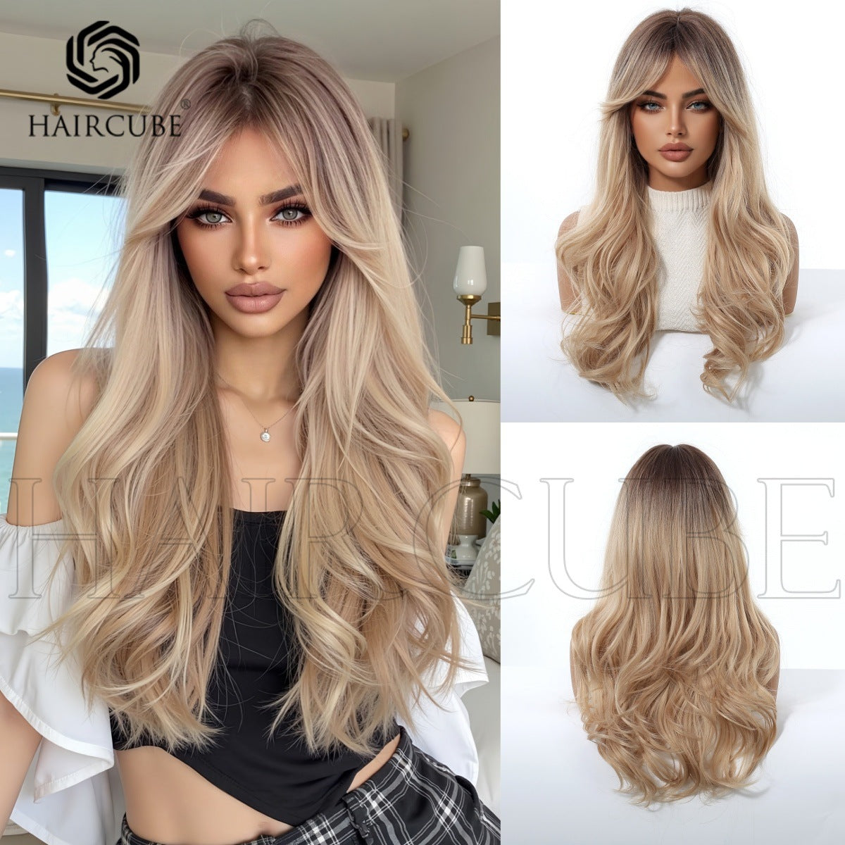 Curly Hair Gradient Bangs Golden Chemical Fiber Female Wig Long Curls