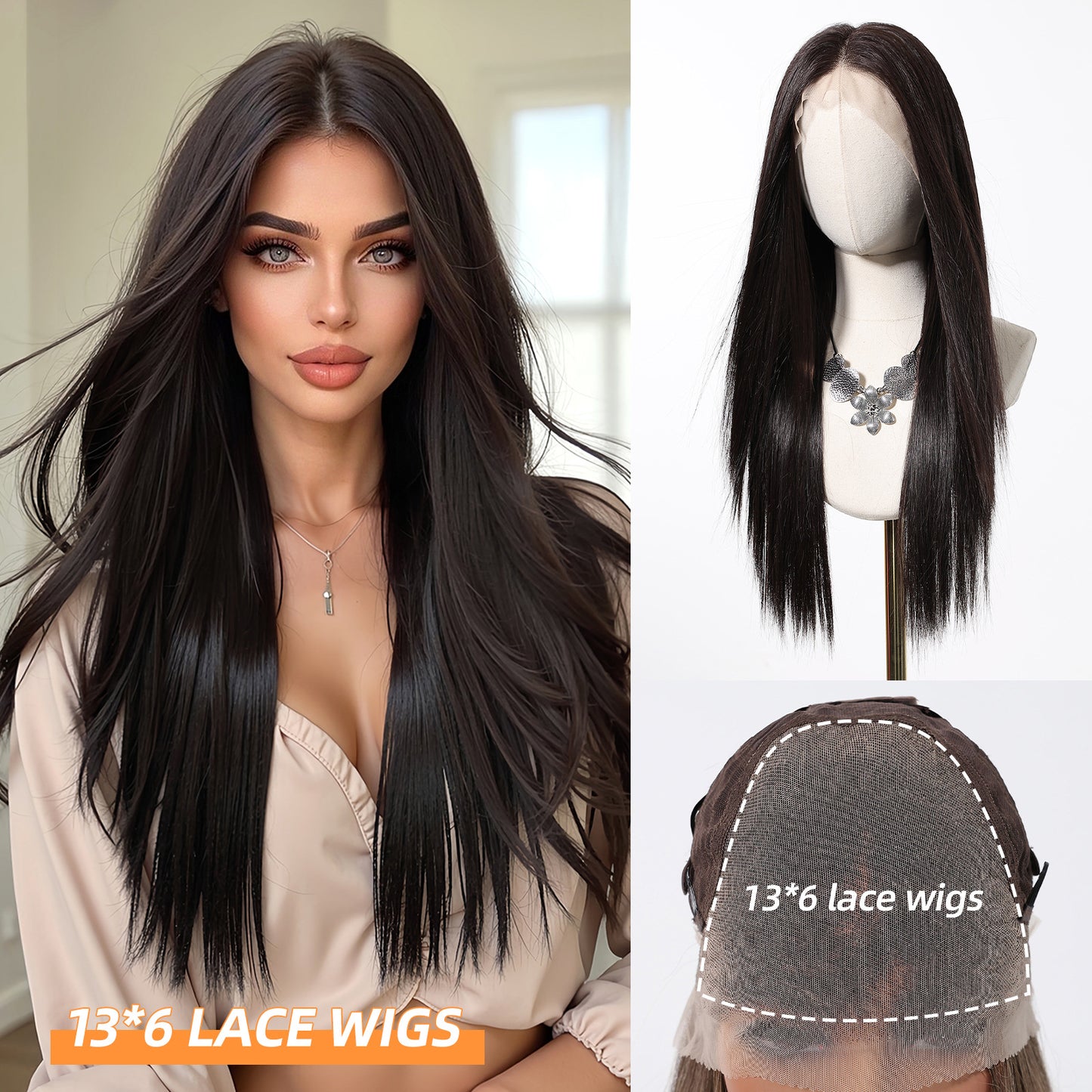 Imported Silk Black Lace Female Free Seam Breathable Long Straight Wig