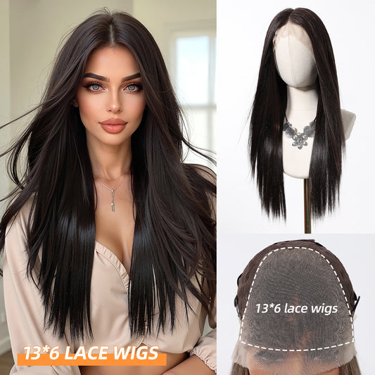 Imported Silk Black Lace Female Free Seam Breathable Long Straight Wig