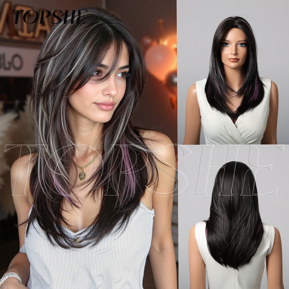 Bangs Gradient Light Golden Brown Chemical Fiber Long Straight Wig