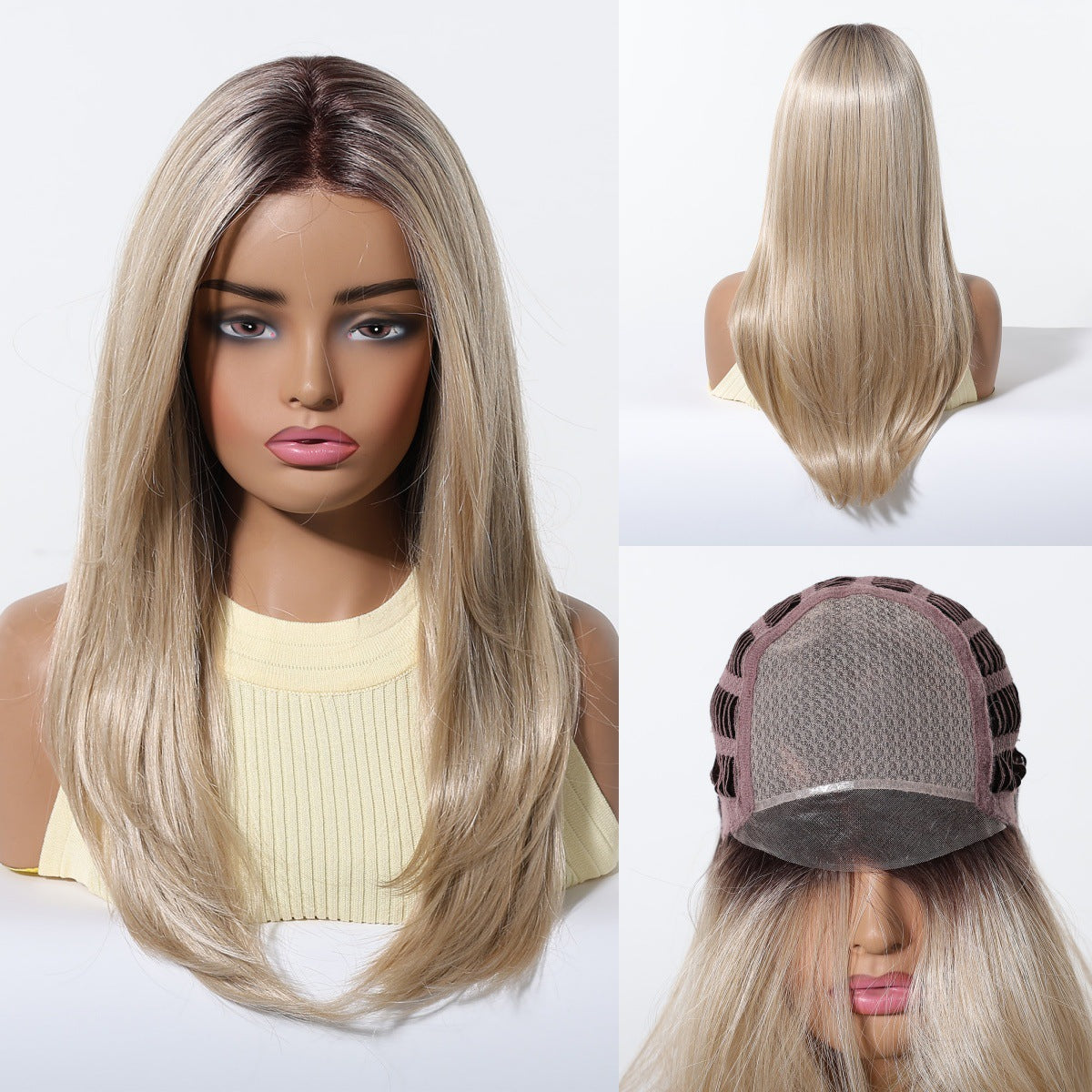 Silk Split Free Curly Hair Female Golden Long Straight Wig