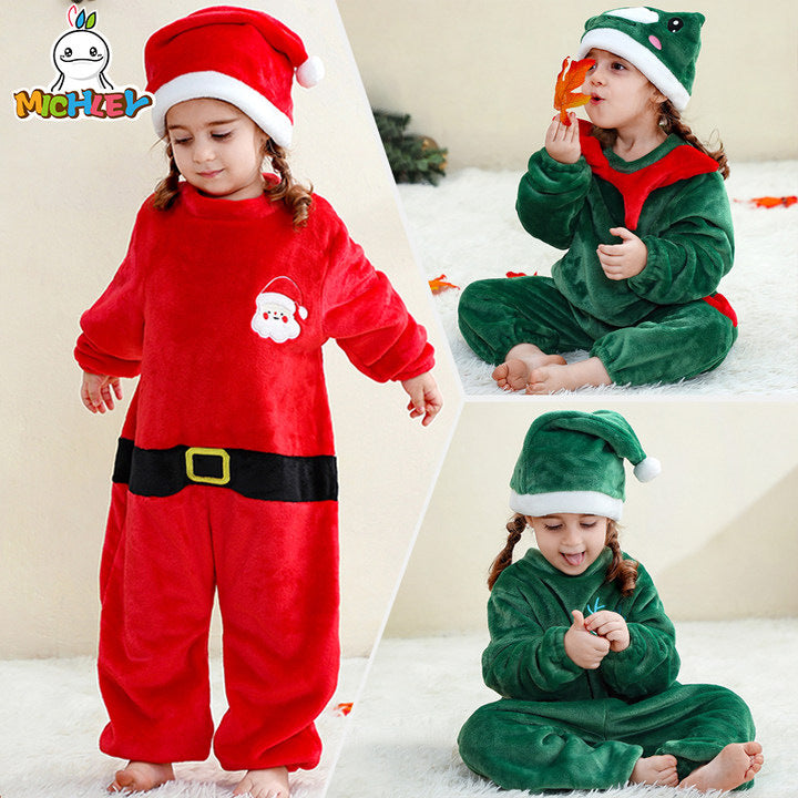 Children's Flannel Pajamas Infant Hat Romper Christmas Jumpsuit, Climbing Suit