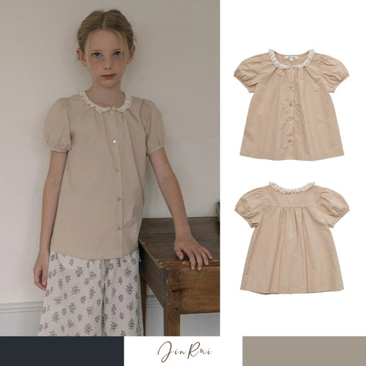 Cotton Pink Lace Peter Pan Collar Cute Doll Short Sleeve Children's Shirt