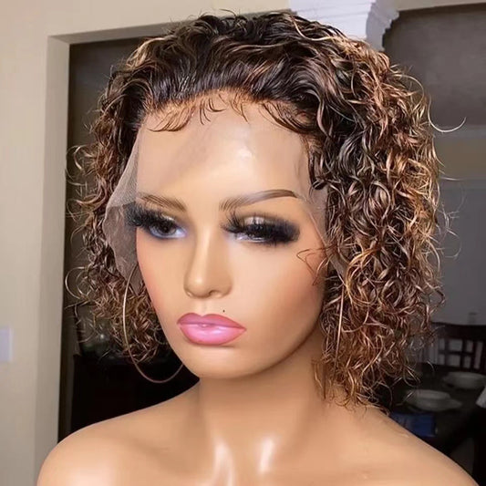 Innovative Front Lace Golden Gradient Sheath Wig Short Curly Hair