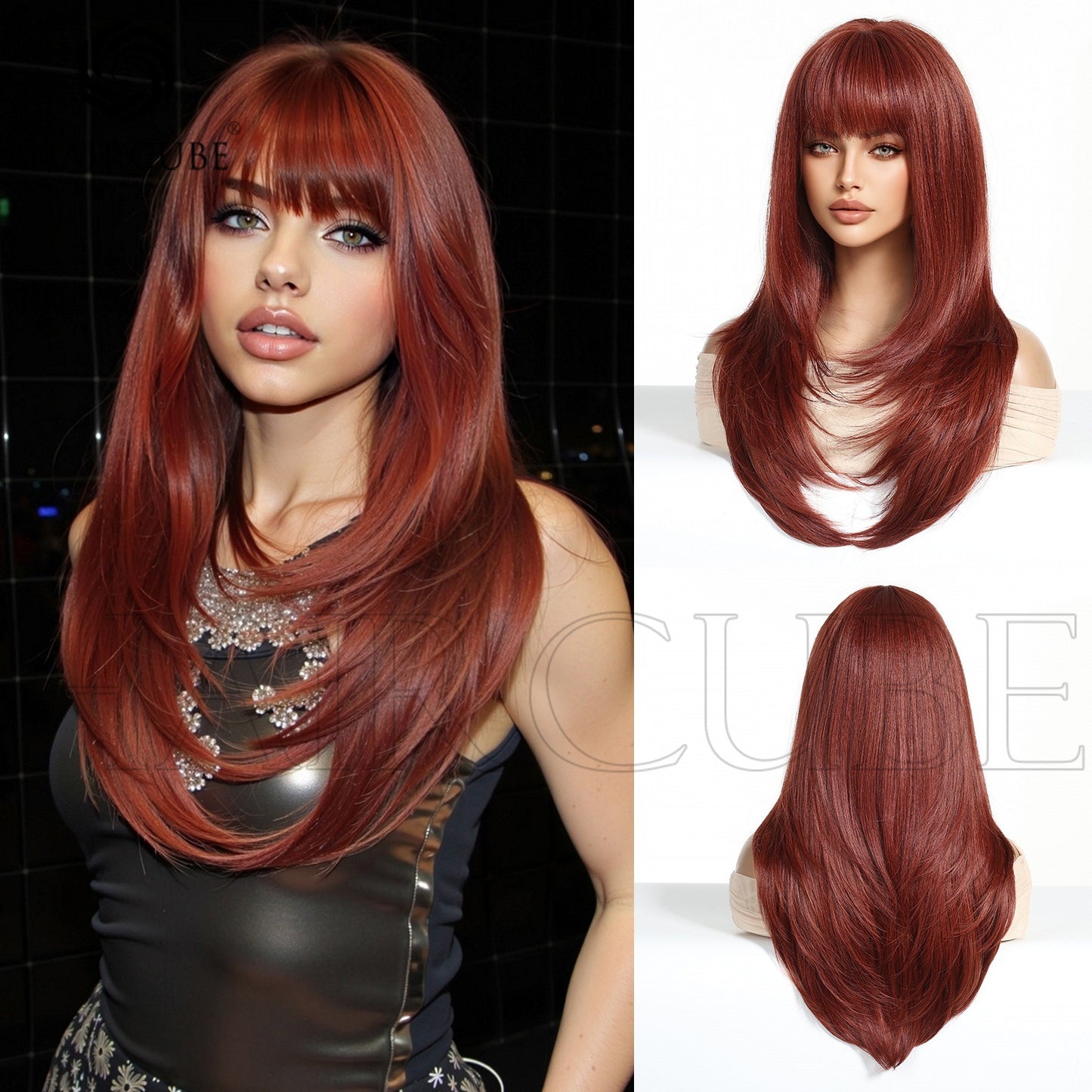 Hair Layered Mechanism Wine Red Festival Atmosphere Long Straight Wig