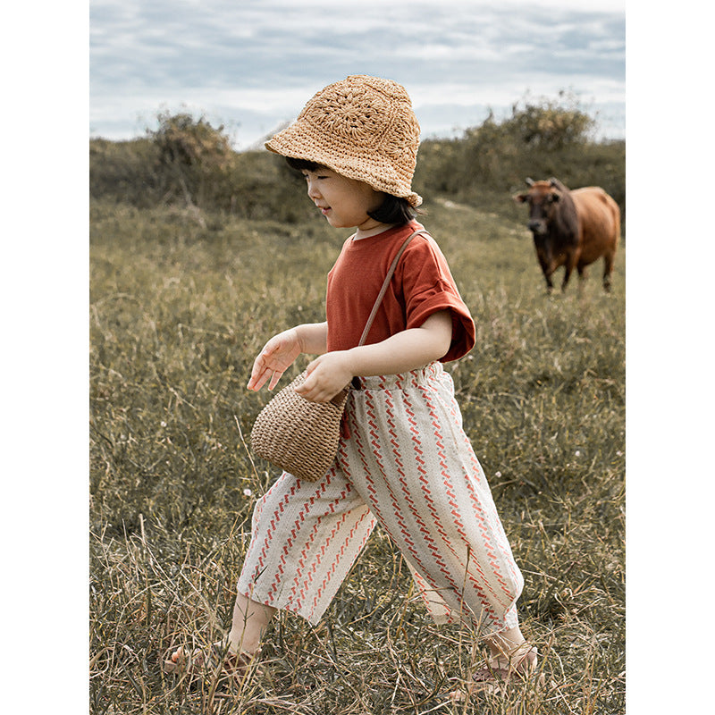Woven Summer Thin Vintage Floral Ankle Banded Cute Children's Pants