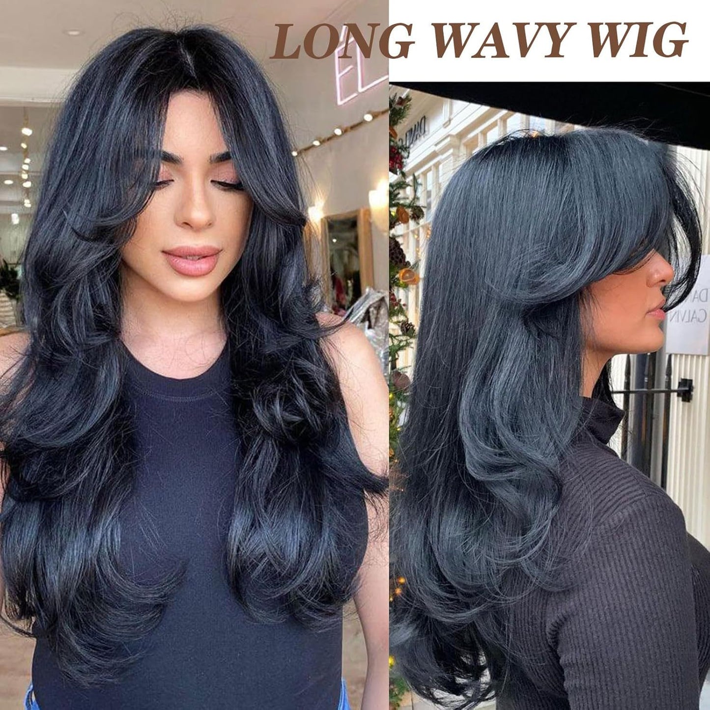 Women's Black Curly Hair Bangs Big Wave Head Wig Long Curls