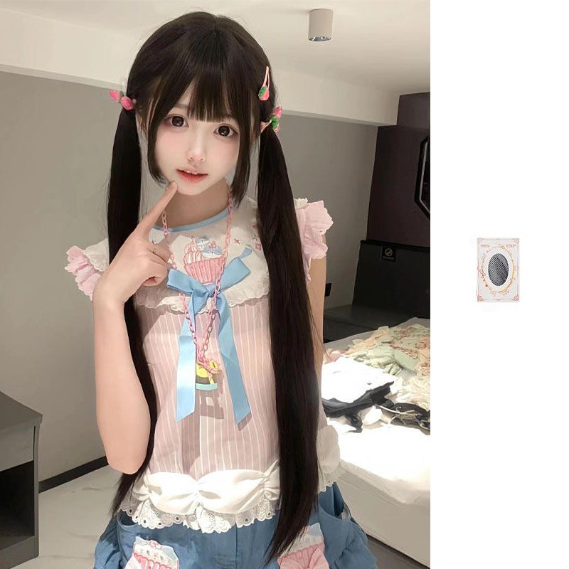 Female Sweet Little Rose Natural Black Gentle With Sideburns Long Straight Wig