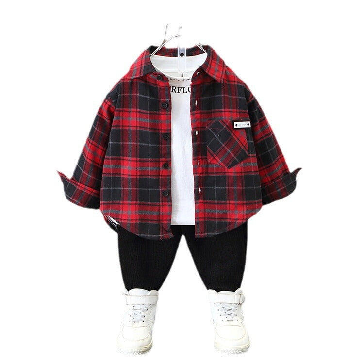 Children's Plaid Thin Brushed Ruffle Handsome Long Sleeve Children's Shirt